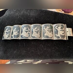 Vintage Siam Sterling Silver Niello Charm Bracelet Traditional Motifs